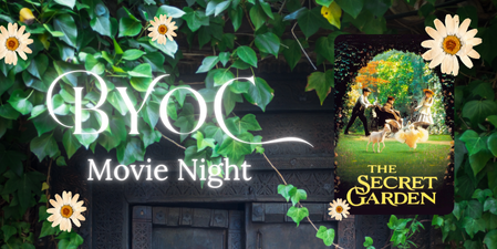 Image of movie cover and title of program on a back ground with a garden gate overgrown with ivy 